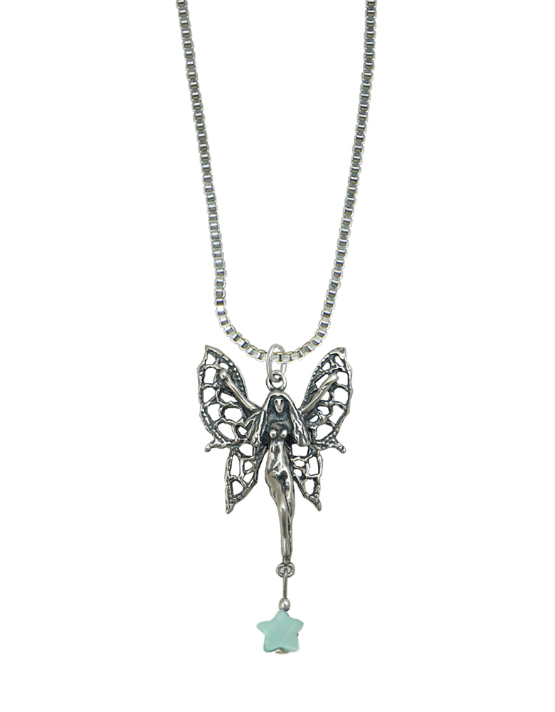 Sterling Silver Filigree Flying Fairy Pendant With Lucky Green Star